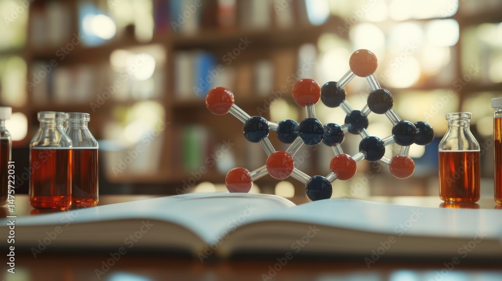 Poster molecular structure model beside open notebook and chemical reagents in small bottles