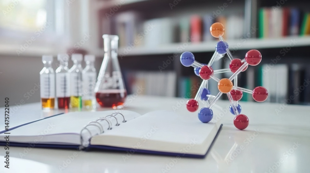 Poster molecular structure model beside open notebook and chemical reagents in small bottles