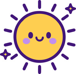 Obraz premium Smiling Yellow Sun Icon with Purple Rays – Cheerful Vector Design in Pastel Palette for Children’s Weather Apps, Educational Platforms, and Morning Routine Interfaces