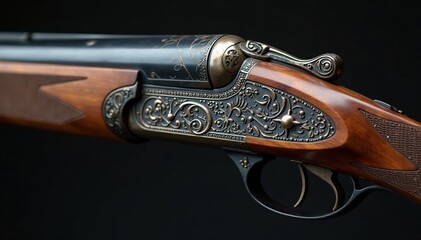 Close-up of antique rifle stock, intricate carvings visible Rich wood grain texture , weaponry history, old rifle, firearm part