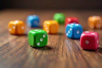 Close-up of several colorful dice scattered on a wooden table , casino, gaming, hobby