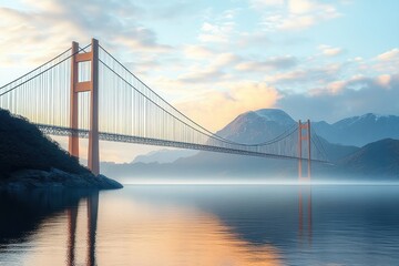 Fototapeta premium Long suspension bridge extending across calm water with mountains in the background under a soft cloudy sky at sunset