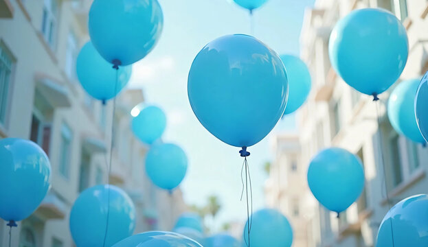 Light blue helium filled balloons. diy. image of a homemade birthday party. An event. Birthday. Celebration. Children. Pastel.