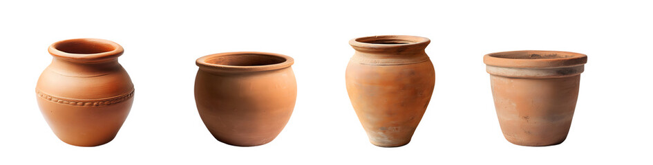 Collection of terracotta storage containers isolated on transparent background