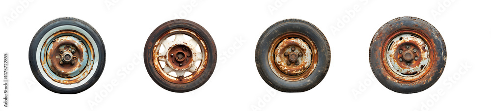 Poster set of rusty vehicle wheels in a horizontal row. isolated on transparent background