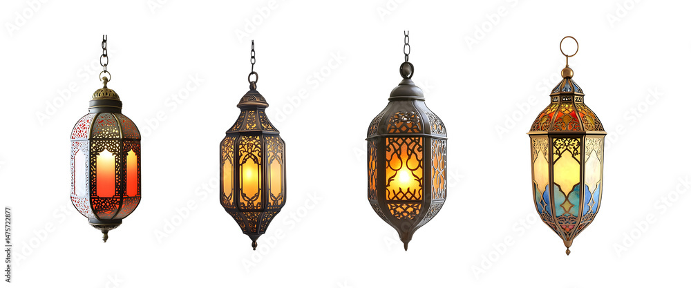 Poster set of decorative hanging lanterns with intricate designs. isolated on transparent background