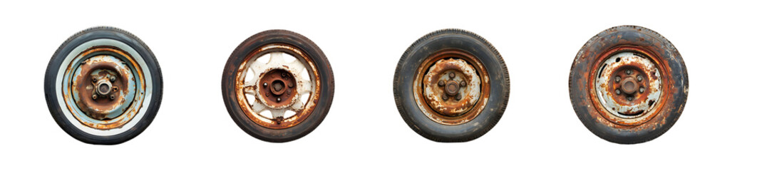Set of rusty vehicle wheels in a horizontal row. isolated on transparent background