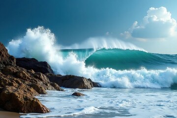 Powerful ocean waves crashing on a rocky shore, creating white foam and spray , beach, water
