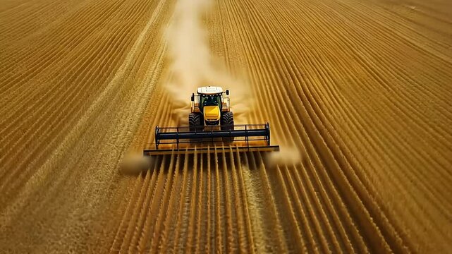 Aerial View of Yellow Tractor Plowing Brown Field During Daylight Creating Parallel Lines