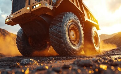 Close-up of the large tires of a heavy mining dump truck moving on rough terrain with dust and sunlight in a mountainous area