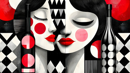 Elegant women's faces merge, wine bottles flank them, geometric background; ideal for wine label, menu, or art print