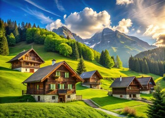 Fototapeta premium Summer Alpine Wooden Houses, Green Meadow, Mountain Scenery, Idyllic Village, Rural Landscape, Swiss Chalet, Vacation Home, Countryside Retreat