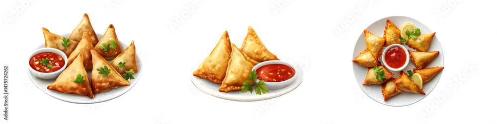 Poster set of triangular samosas served with sauce. isolated on transparent background