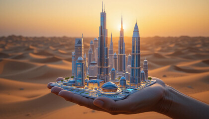 Hand holding tall structures at sunset landscape