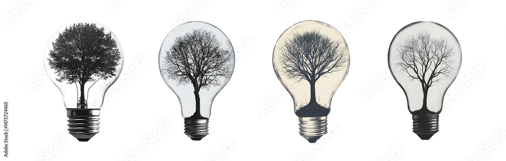 Poster set of light bulbs with tree designs. isolated on transparent background