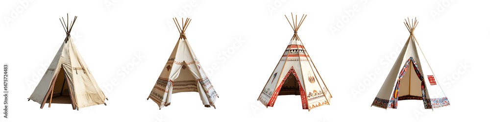 Poster set of miniature teepees displayed in a row. isolated on transparent background