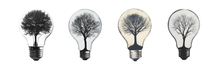 Set of light bulbs with tree designs. isolated on transparent background