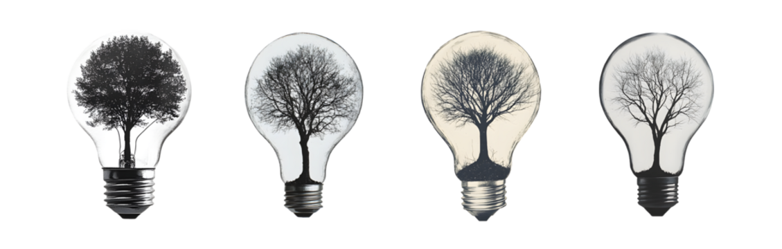 Set of light bulbs with tree designs. isolated on transparent background