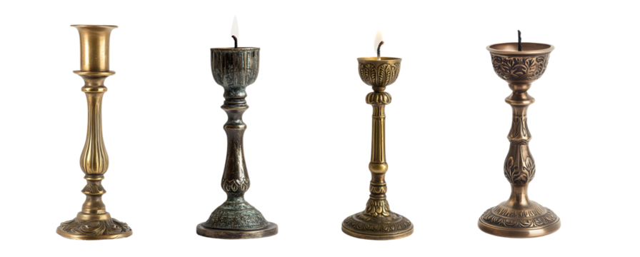 Set of antique brass candle holders displayed in a row. isolated on transparent background