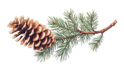 Pine Cone and Branch with Needles on Transparent Background