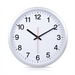 Simple modern white wall clock object, isolated on white background in clean studio shot, representing time and punctuality