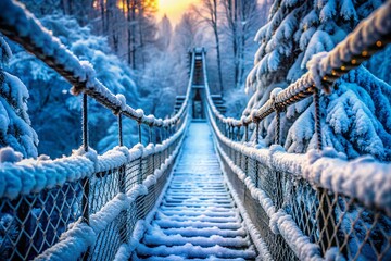 Fototapeta premium Frozen Wonderland: Macro View of Snow-Covered Cable Bridge