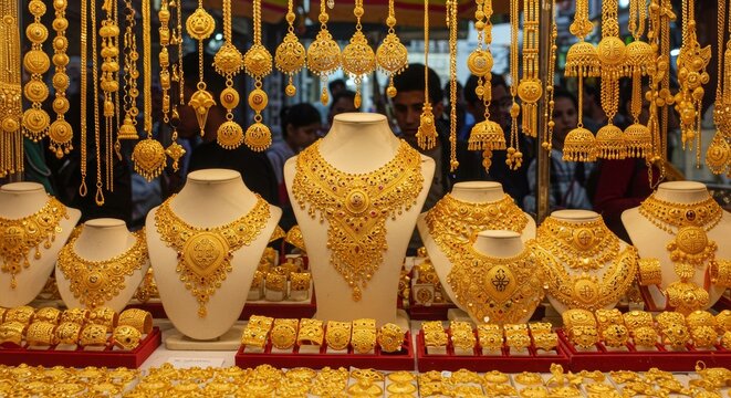 Opulent display of intricate gold jewelry, necklaces, bracelets,