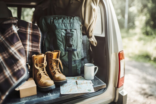 Adventure road trip essentials in car trunk: backpack, boots, map, and coffee cup for outdoor exploration