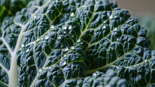 Glistening water droplets highlighting textured green savoy cabbage leaf, showcasing organic moisture and natural vegetable freshness