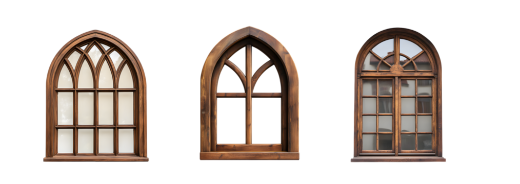Set of antique-style arched wooden windows. isolated on transparent background