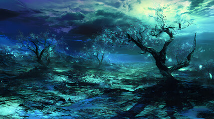 Obraz premium Cracked obsidian plains, skeletal crystalline trees, twilight sky, bioluminescent moss, desolate ruinscape. [Crystalline Wastelands] | Jagged Prismfield | wild lights. Illustration