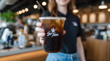 Female holding cold brew coffee in cafe with logo design on cup