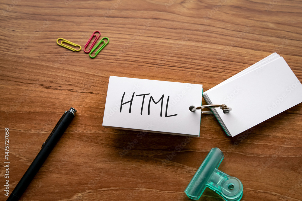 Poster there is word card with the word html. it is an abbreviation for hyper text markup language as eye-c
