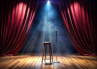 Dramatic Stage Setup with Spotlight Microphone and Red Curtains for Live Performance and Theater Graphic Designs.