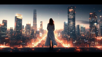 A lone figure in a long coat stands on a rooftop overlooking a brightly lit futuristic cityscape at dusk with tall skyscrapers and glowing streets