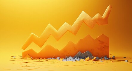 A textured orange zigzag arrow graph rising sharply from cracked ground with scattered debris on an orange background, symbolizing growth and breakthrough