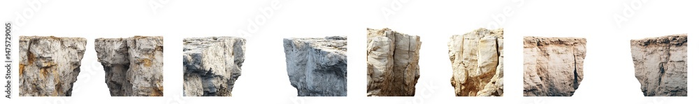 Poster set of digital renderings of various stone-like structures isolated on transparent background