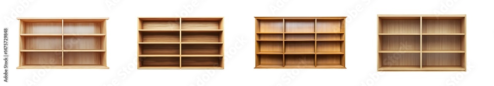 Poster set of empty wooden shelving unit with multiple compartments. isolated on transparent background