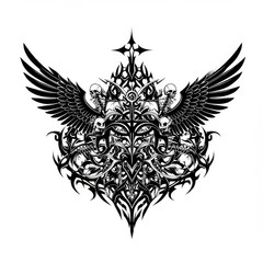 Fototapeta premium Gothic winged skull and crossbones emblem design, intricate black ink tattoo art