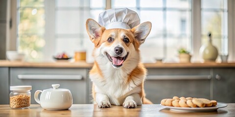 Happy Corgi Chef Baking Cookies: Adorable Dog in Kitchen with Treats