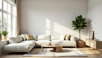Serene minimalist living room with neutral tones and simple decor Plant adds a touch of nature , comfortable, greenery, architecture