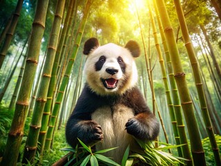 Obraz premium Happy Panda Playing in Bamboo Forest - Adorable Giant Panda Stock Photo