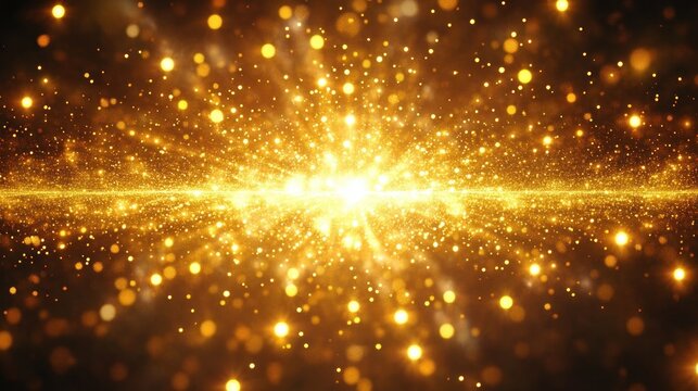 Radiant golden light particles sparkling and spreading in all directions creating a mesmerizing glowing explosion effect