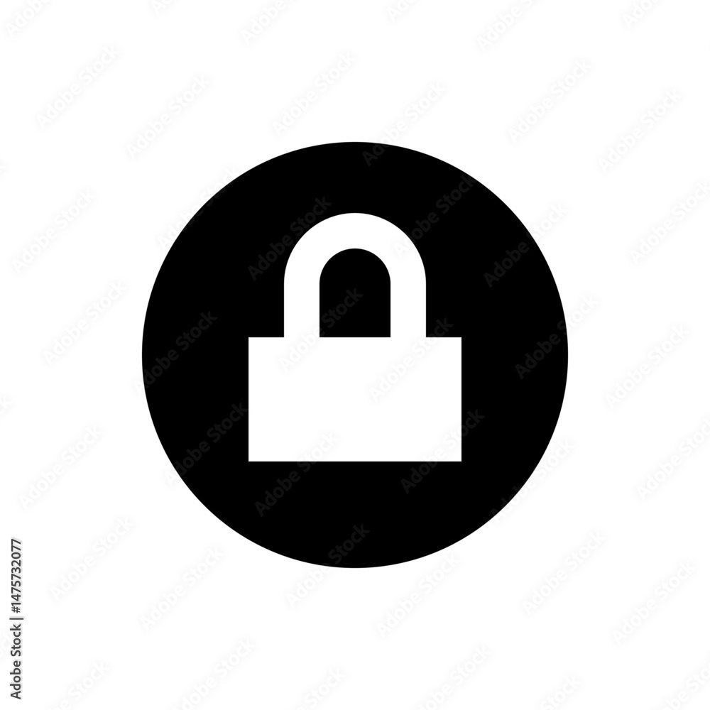 Poster a black circle containing a white padlock shape with a rounded top and a rectangular base design ele