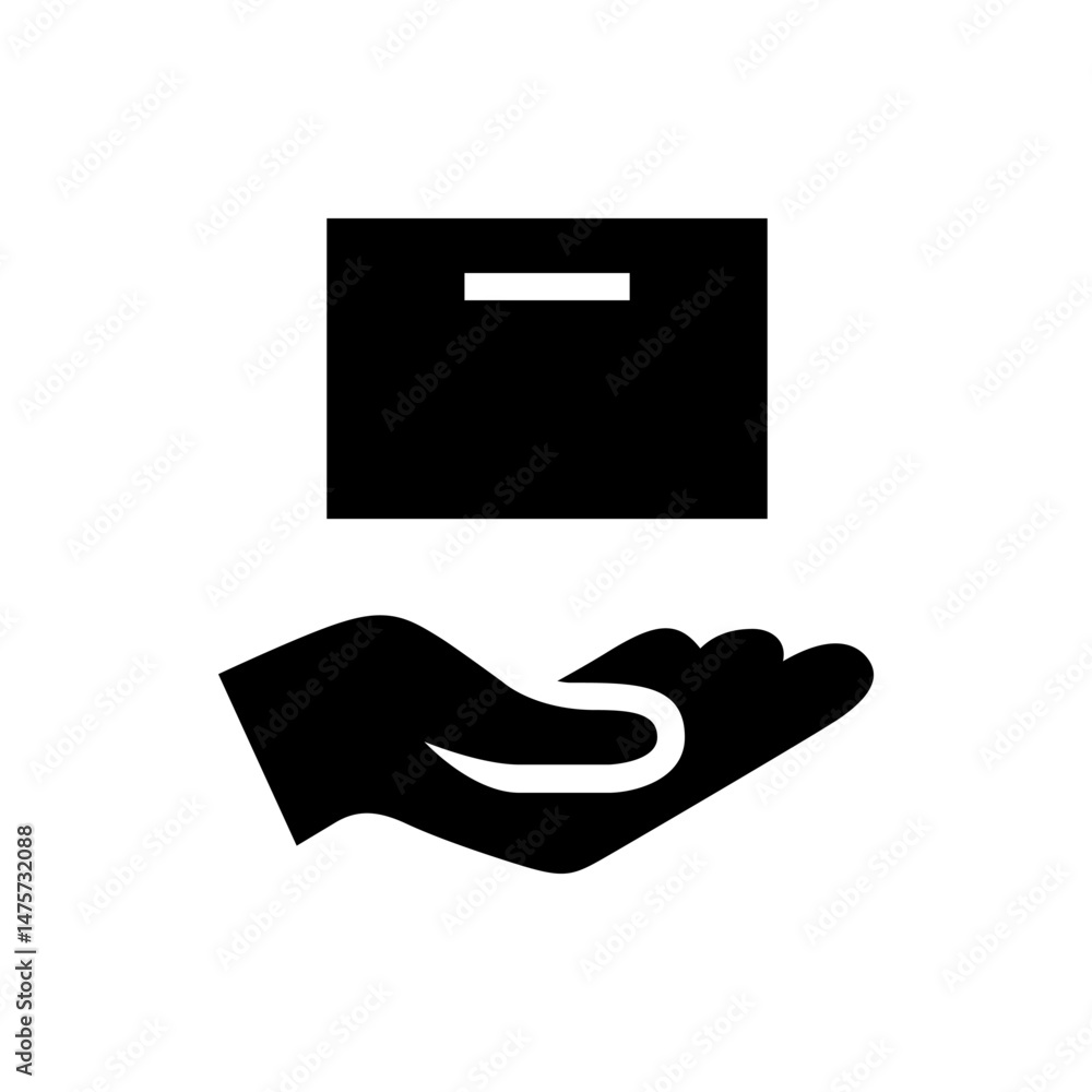 Poster black box being held by an open hand with a white curved line inside the hand in a simple illustrati