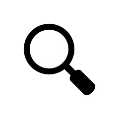 Illustration of a black magnifying glass with a round lens and handle on a white background search icon tool
