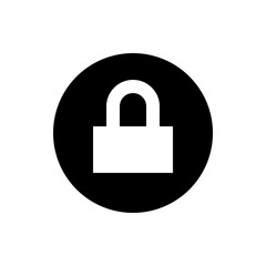 A black circle containing a white padlock shape with a rounded top and a rectangular base design element