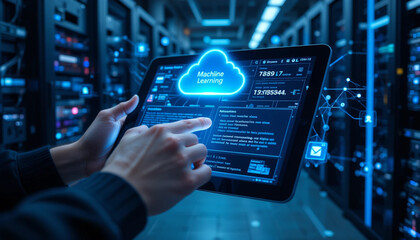 Hand interacting with glowing object in dark technological environment