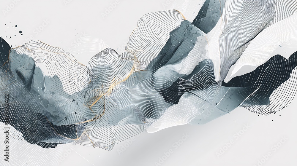 Poster abstract watercolor forms with intricate lines creating a modern art piece