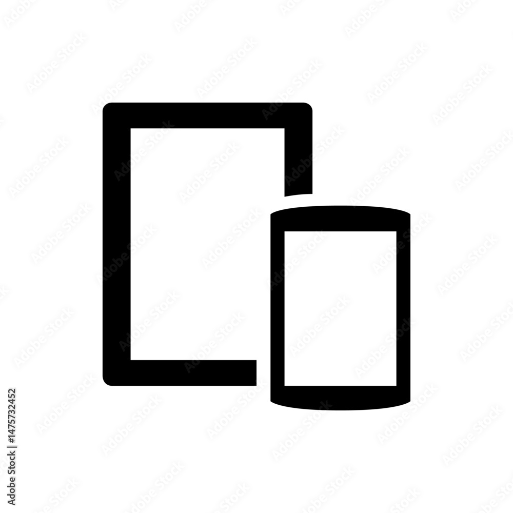 Poster illustration of a tablet and a smartphone with black frames and white screens side by side on a plai